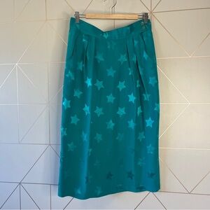 Vintage 100% Silk Star Print Midi Skirt Teal